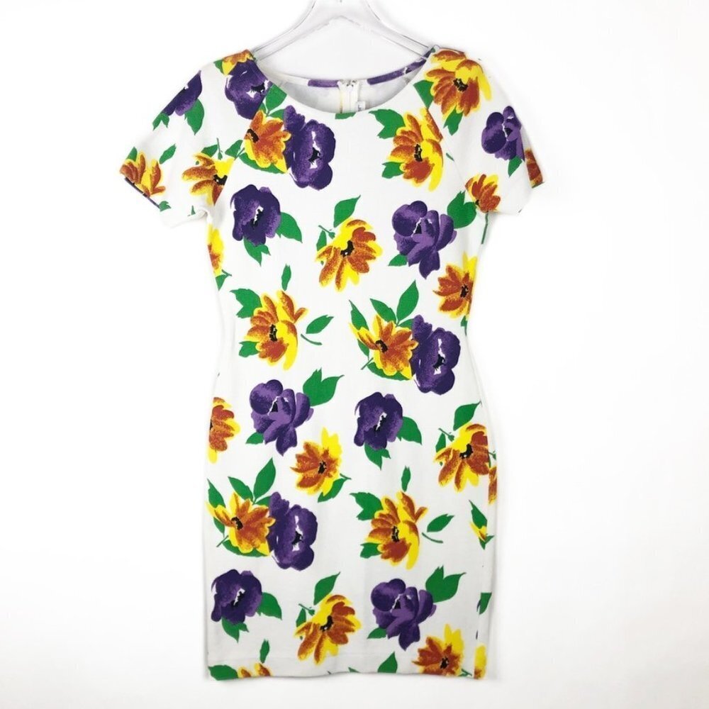 Outlander Floral Mini Dress Women's Size S White Multi Ribbed Knit Bodycon